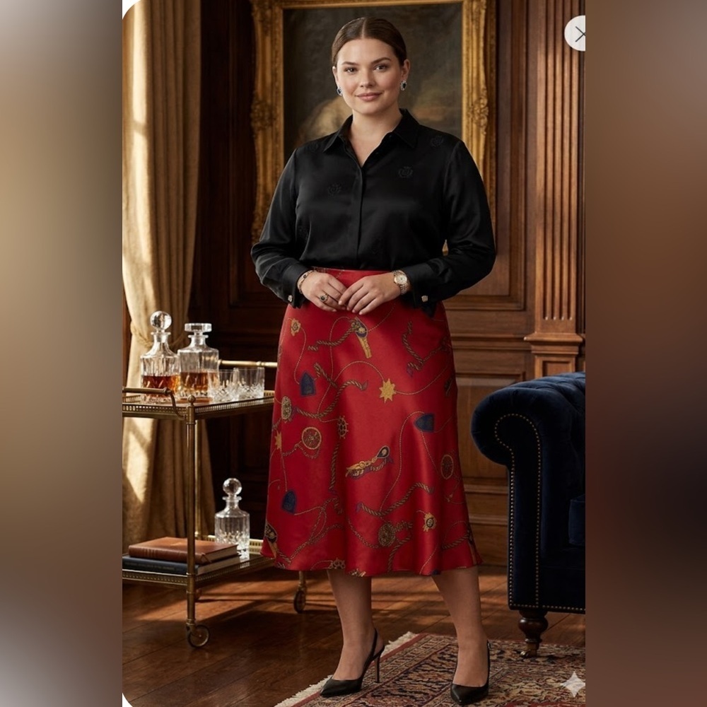 NWT Lauren Ralph Lauren Belting-Print Satin
Charmeuse Midi Skirt Red  Size 20W - Picture 2 of 9